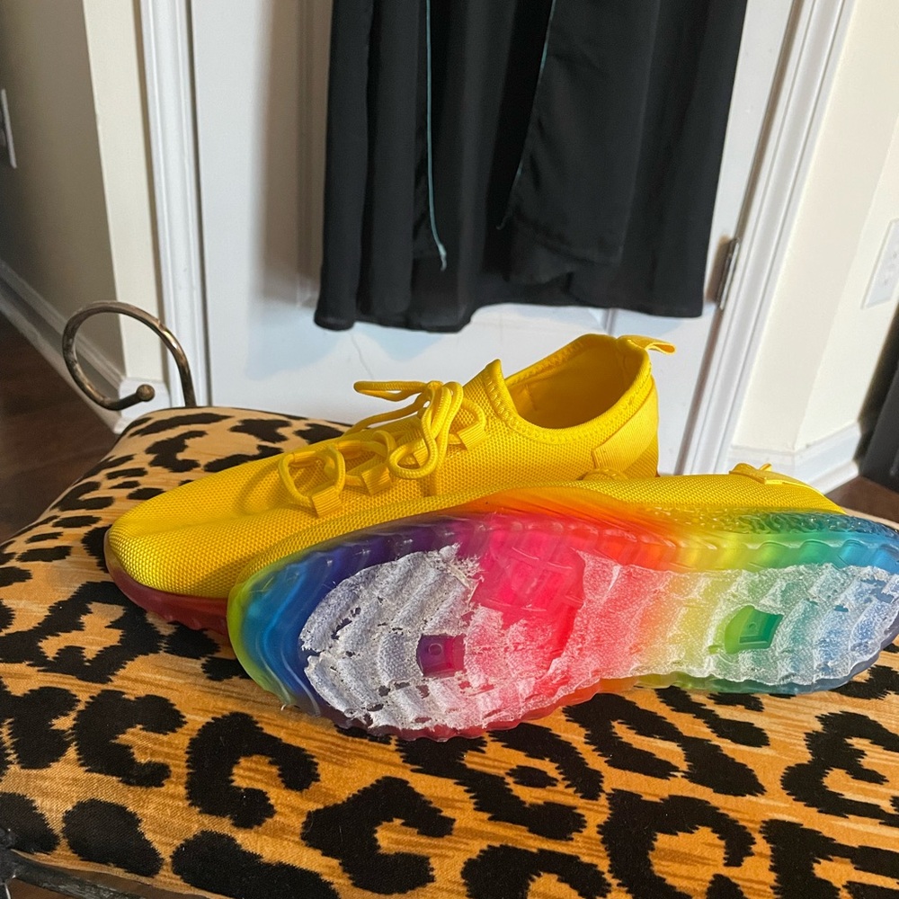 Vibrant Yellow Kids Shoes with Rainbow Soles